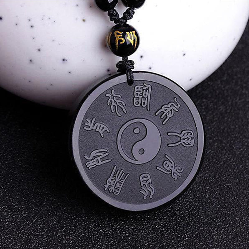 Wear FengShui Natural Black Obsidian Taoism Five Sacred Mountains Nine-Character Mantra Carved Strength Yin Yang Necklace Pendant Key Chain