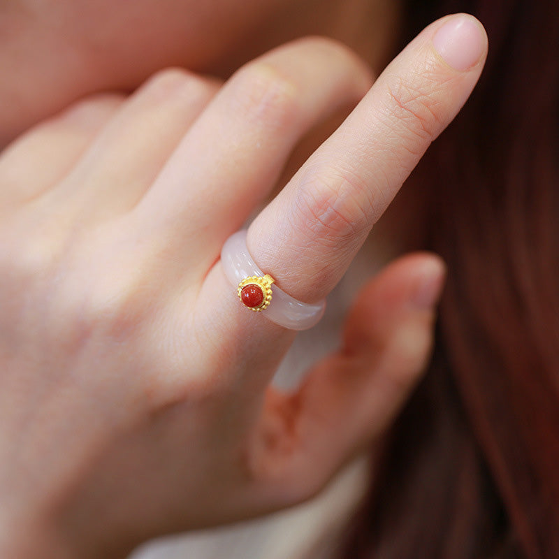 Wear FengShui White Agate Cyan Jade Turquoise Red Agate Luck Protection Ring