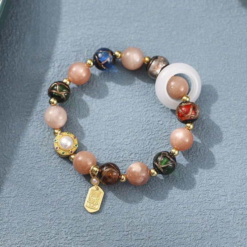 Wear FengShui Tibetan Incense Ash Liuli Glass Tridacna Stone Sun Stone Om Mani Padme Hum Prayer Wheel Charm Bracelet