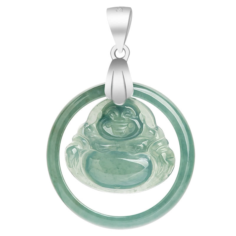 Wear FengShui Natural Jade Round Laughing Buddha Abundance Titanium Steel Chain Necklace Pendant