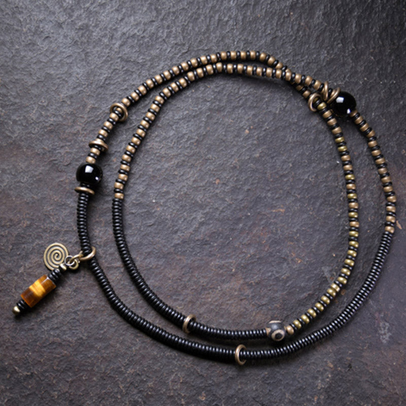Wear FengShui Ebony Wood Dzi Bead Copper Peace Couple Bracelet Necklace Pendant