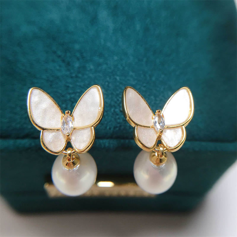 Wear FengShui 925 Sterling Silver Posts 18K Gold Plated Copper Pearl Butterfly Optimism Stud Earrings