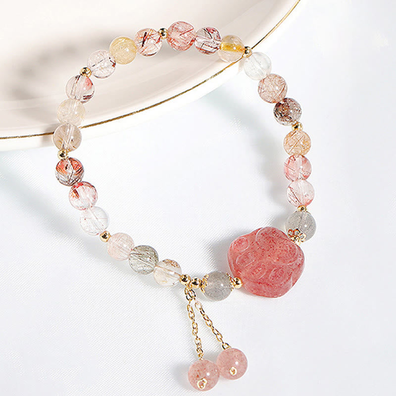 Wear FengShui Natural Strawberry Quartz Cat Paw Claw Colorful Rutilated Quartz Moonstone Love Bracelet