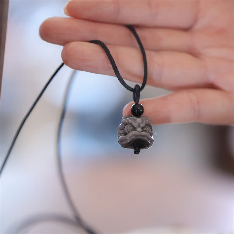 Wear FengShui Natural Silver Sheen Obsidian Dancing Lion Protection Necklace Pendant