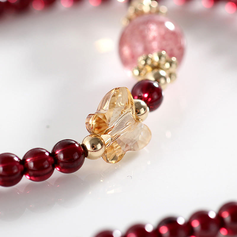 Wear FengShui 14K Gold Plated Natural Garnet Strawberry Quartz Butterfly Protection Double Wrap Bracelet