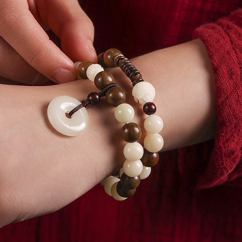 Wear FengShui Bodhi Seed Green Sandalwood Lotus Peace Buckle Harmony Double Wrap Bracelet