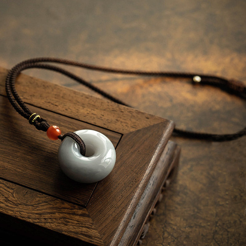 Wear FengShui Natural Round Jade Gray Jade Peace Buckle Luck Necklace Pendant