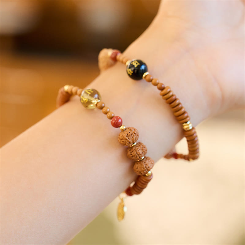 Wear FengShui Tibetan Bodhi Seed Black Onyx Smoky Quartz Om Mani Padme Hum Fu Character Wealth Bracelet