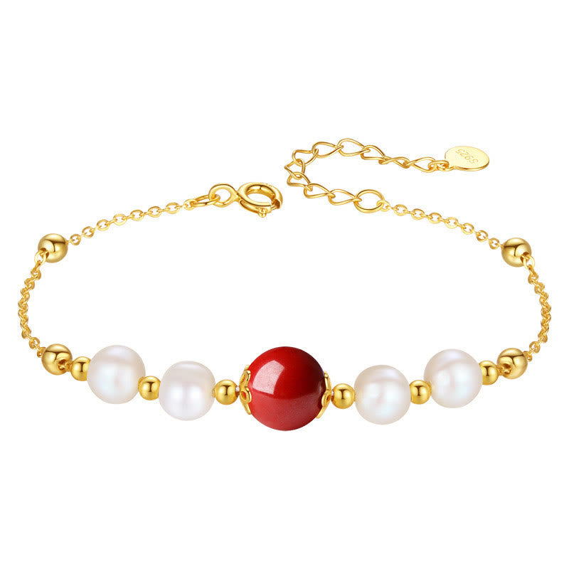 Wear FengShui 925 Sterling Silver Pearl Cinnabar Healing Bead Chain Bracelet