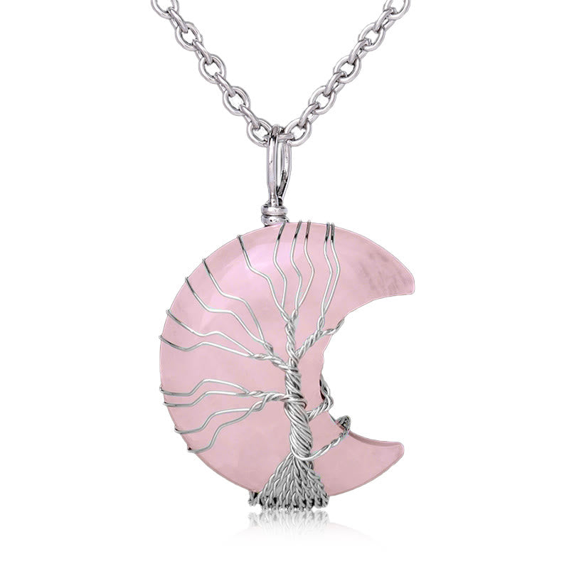 Wear FengShui Natural Quartz Crystal Moon Tree Of Life Healing Energy Necklace Pendant