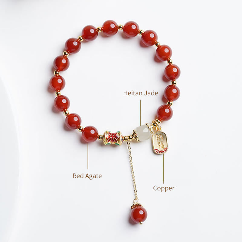 Wear FengShui Natural Red Agate Hetian Jade Fu Character Confidence Charm Bracelet