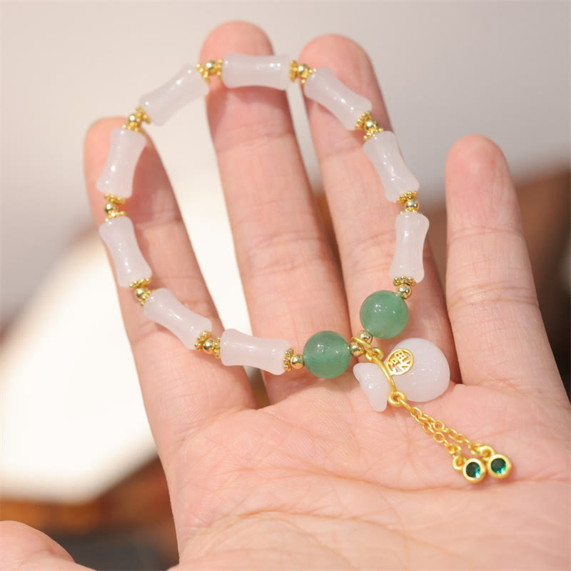 Wear FengShui Natural White Golden Silk Jade Bamboo Pattern Wealth Lucky Bag Fu Character Bracelet