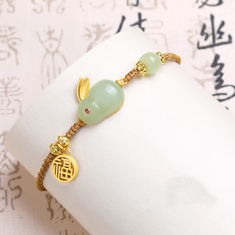 Wear FengShui Year of the Rabbit Hetian Jade Happiness Blessing Wealth String Bracelet