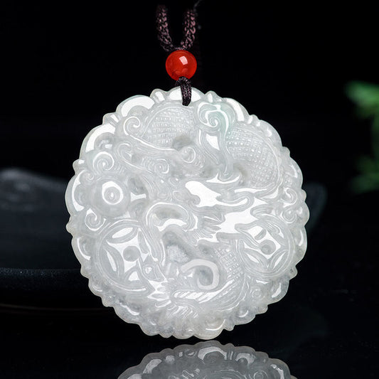 Wear FengShui White Jade Dragon Protection Necklace String Pendant