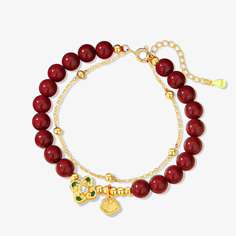 Wear FengShui 925 Sterling Silver Natural Cinnabar Four Leaf Clover Flower Blessing Chain Bracelet