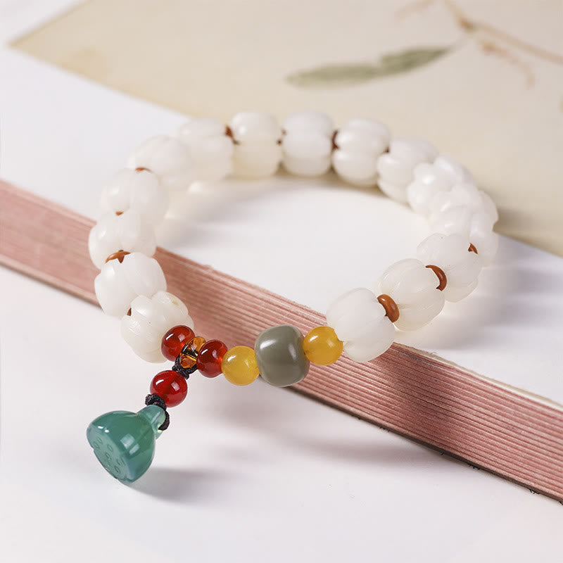 Wear FengShui Natural Bodhi Seed Red Agate Bodhi Calm Harmony Engraved Pumpkin Bead Lotus Bracelet