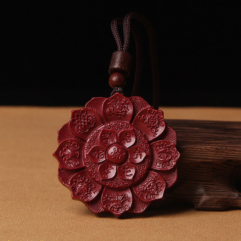 Wear FengShui Natural Cinnabar Lotus Om Mani Padme Hum Blessing Necklace String Pendant