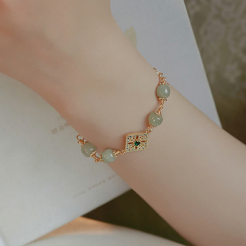 Wear FengShui Natural Hetian Jade Bead Square Pattern Luck Chain Bracelet