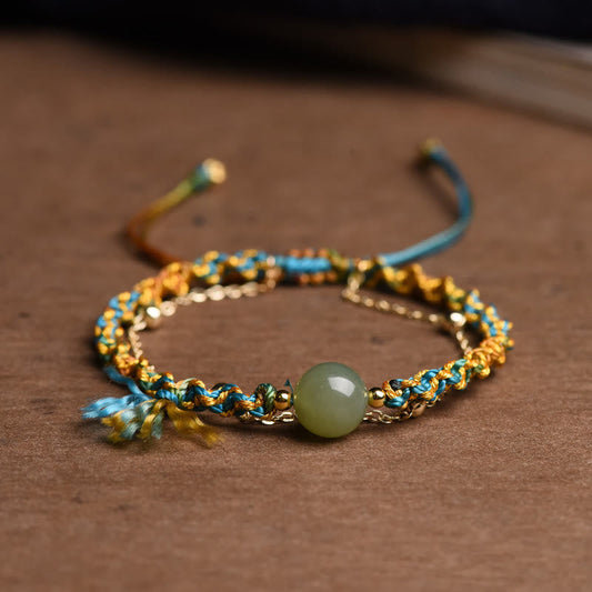 Wear FengShui Handmade Colorful Rope Luck Jade Bead Abundance Double Layer Bracelet