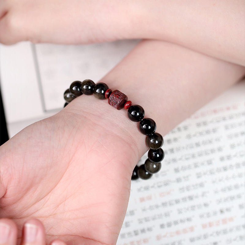 Wear FengShui Natural Gold Sheen Obsidian Rainbow Obsidian Om Mani Padme Hum Fu Character Healing Bracelet