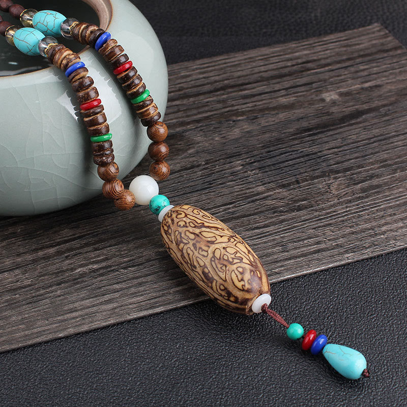 Wear FengShui Tibetan Wenge Wood Bodhi Seed Agate Balance Peace Necklace Pendant