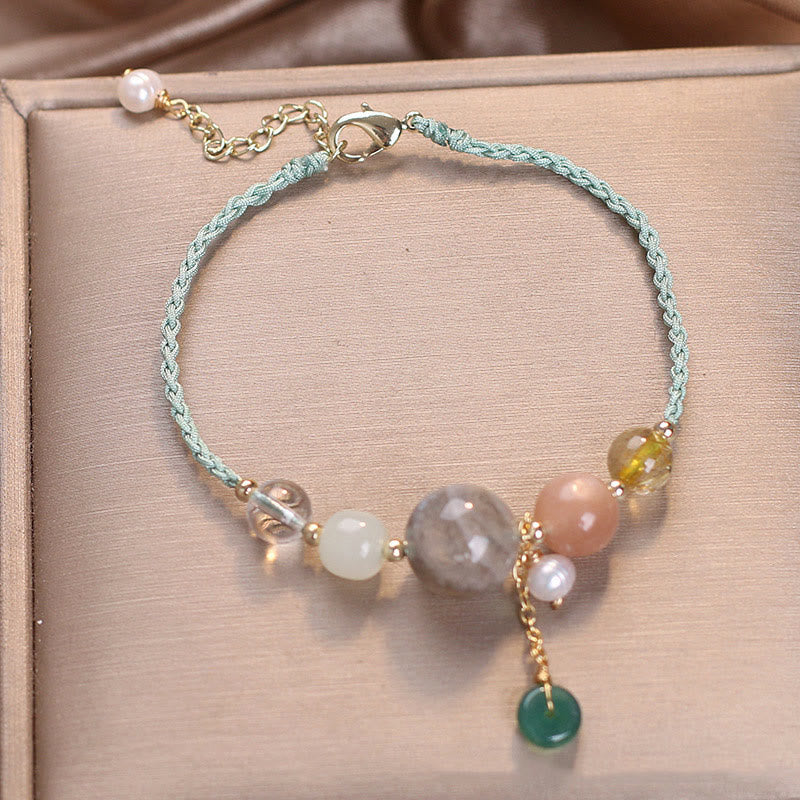 Wear FengShui Moonstone Sunstone Beads Peace Buckle Charm Healing Bracelet