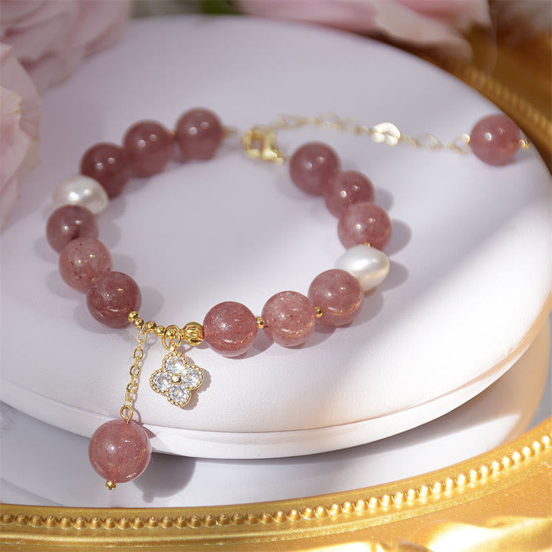 Wear FengShui Natural Strawberry Quartz Pearl Four Leaf Clover Love Bracelet
