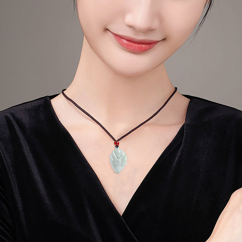 Wear FengShui Natural Jade Nine Tailed Fox Luck Prosperity Necklace Pendant