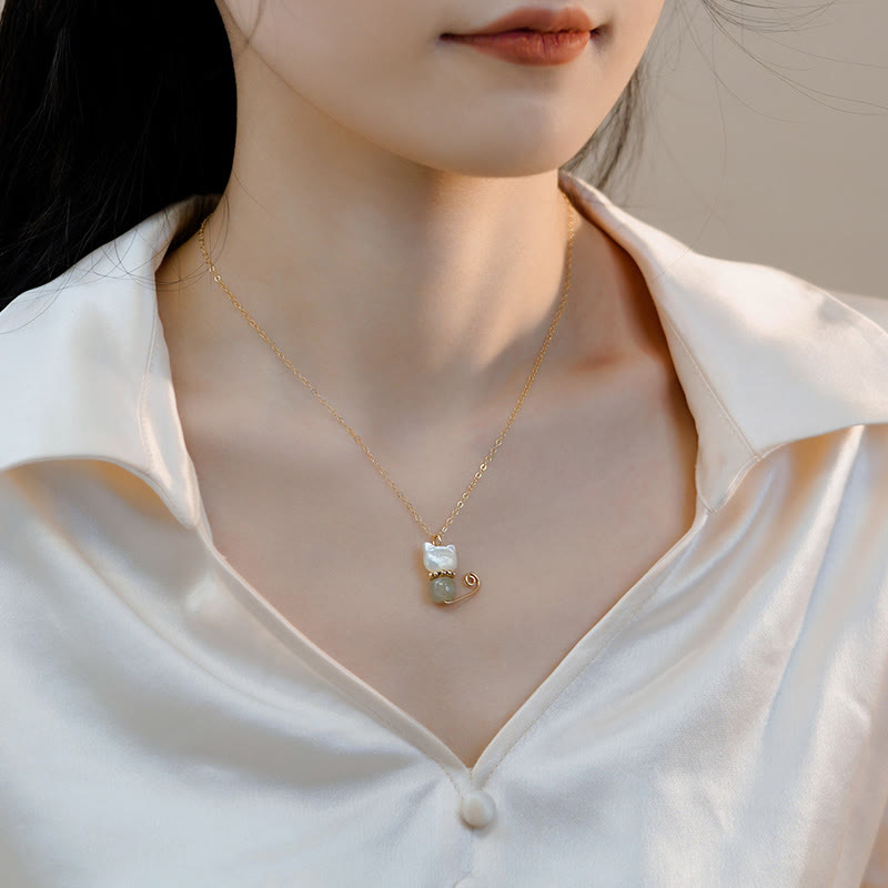 Wear FengShui 14K Gold Plated Pearl Hetian Jade Shell Luck Cat Kitten Necklace Pendant