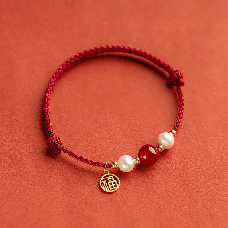 Wear FengShui 925 Sterling Silver Good Fortune Fu Character Agate Pearl Red String Braid Bracelet