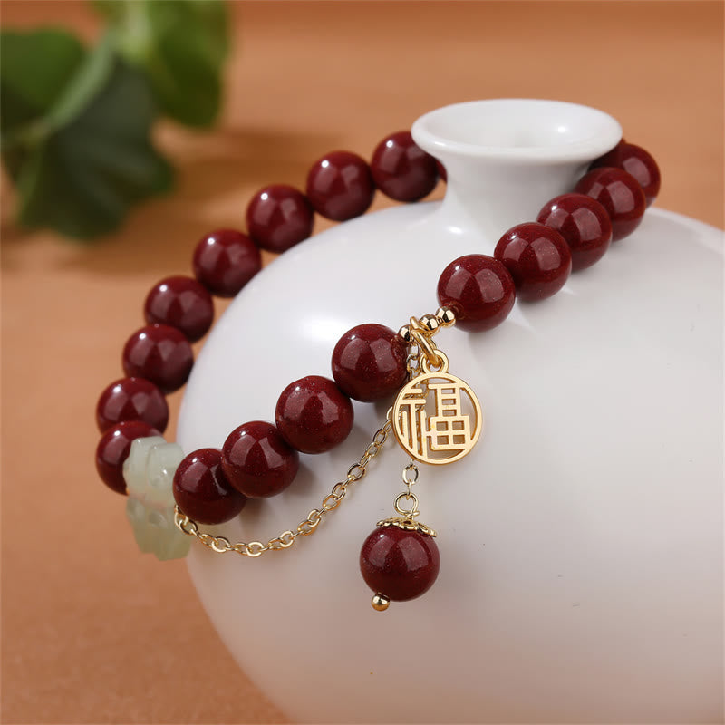 Wear FengShui Cinnabar Fu Character Hetian Jade Lucky Four Leaf Clover Blessing Bracelet
