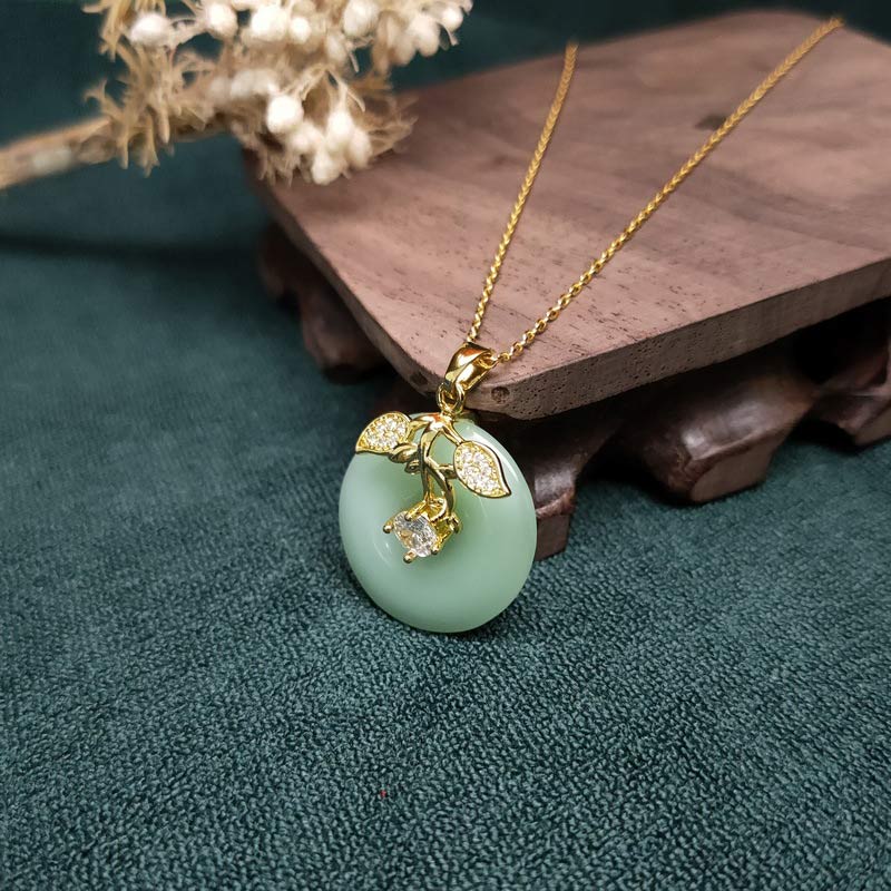 Wear FengShui Round Jade Leaf Blessing Fortune Necklace Chain Pendant