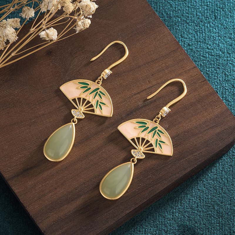 Wear FengShui Natural Green Aventurine Fan Pattern Luck Drop Earrings