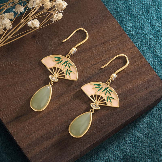 Wear FengShui Natural Green Aventurine Fan Pattern Luck Drop Earrings