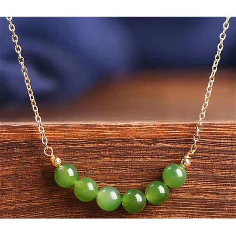 Wear FengShui 14k Gold Plated Hetian Cyan Jade Beaded Luck Necklace Pendant