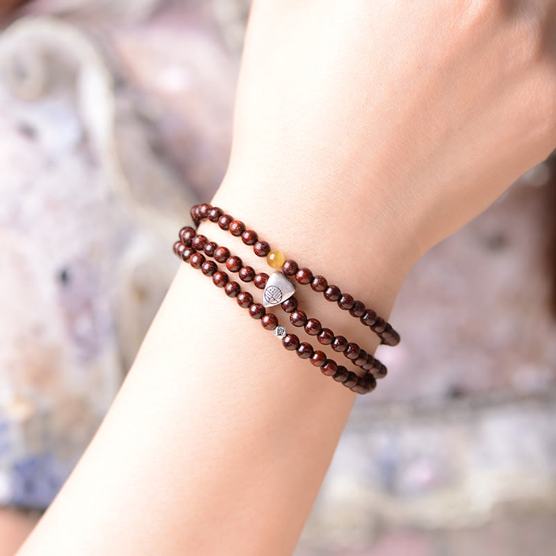 Wear FengShui 925 Sterling Silver Indian Small Leaf Red Sandalwood Fu Character Protection Triple Wrap Bracelet