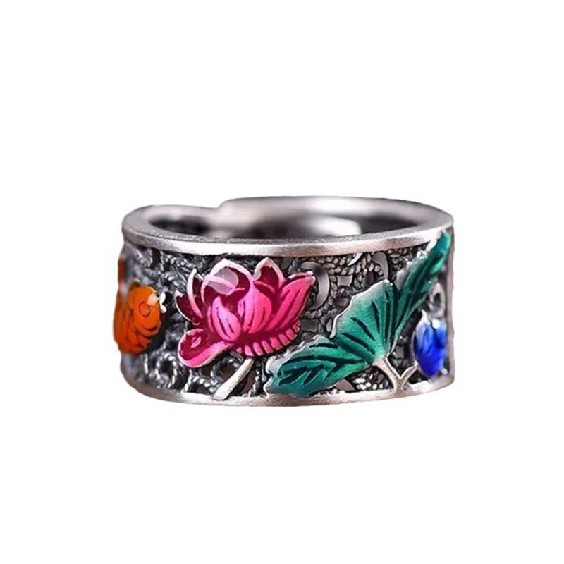 Wear FengShui Copper Blue Enamel Lotus Heart Sutra Koi Fish Luck Ring