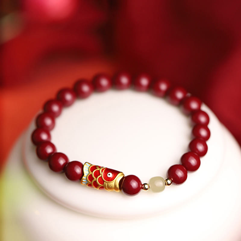 Wear FengShui Natural Cinnabar Lucky Koi Fish Hetian Jade Bead Blessing Bracelet