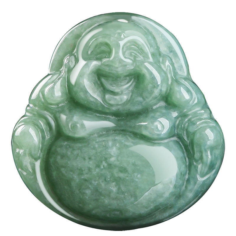 Wear FengShui Laughing Buddha Cyan Jade Success Necklace String Pendant