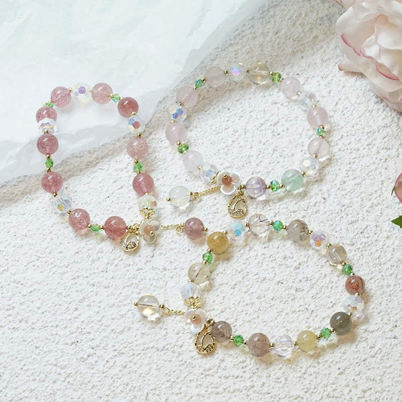 Wear FengShui Strawberry Quartz Rutilated Quartz Fluorite Flower Healing Bracelet