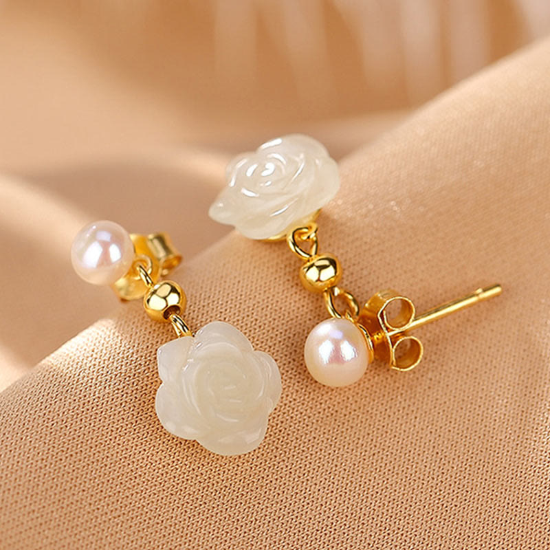 Wear FengShui 925 Sterling Silver Plated Gold Jade Rose Flower Cyan Jade Pearl Luck Earrings