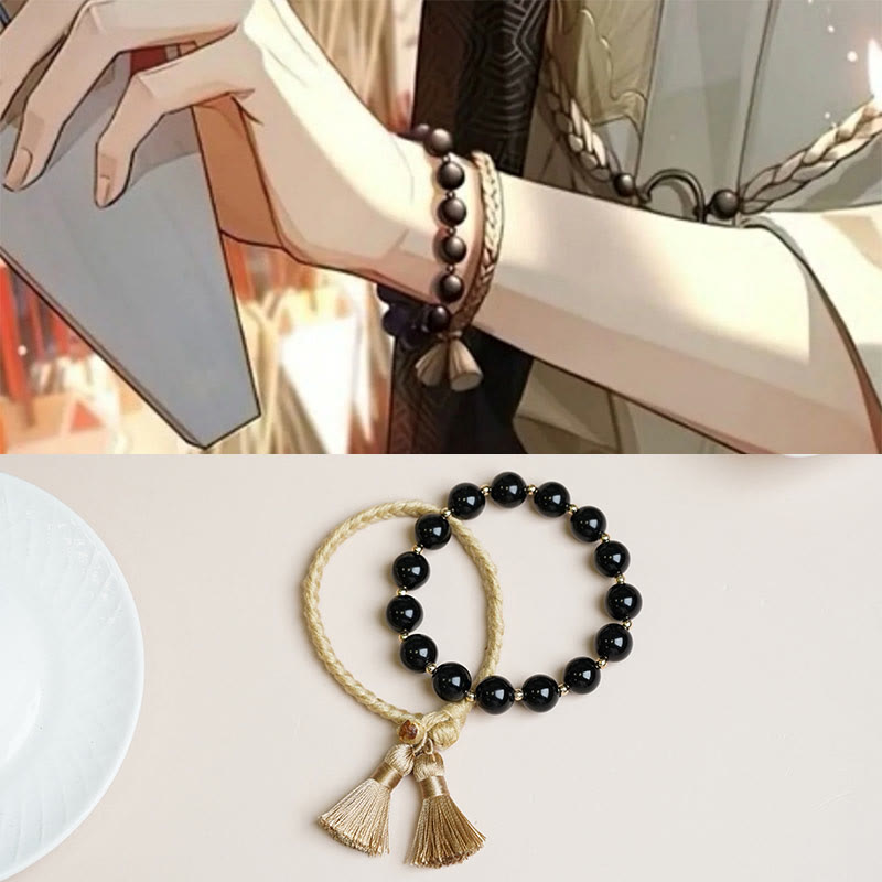 Wear FengShui 2Pcs Black Onyx Bead Support Protection String Bracelet