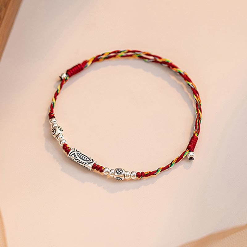 Wear FengShui 925 Sterling Silver Luck Koi Fish Braided Colorful String Bracelet Anklet