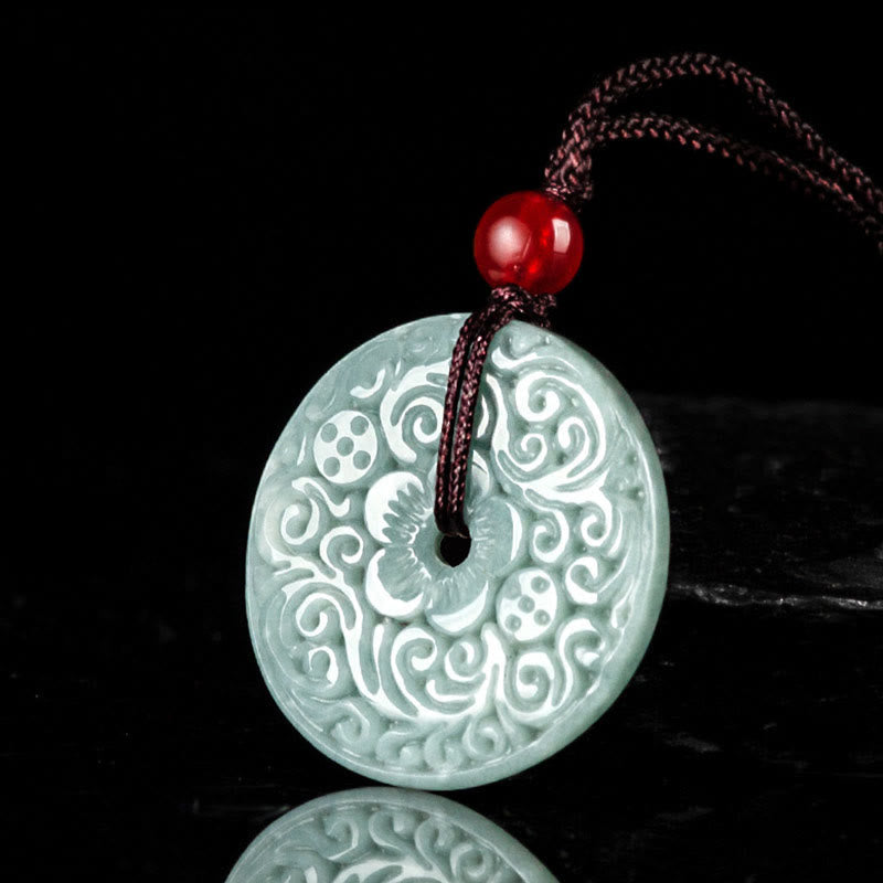 Wear FengShui Green Jade Flower Carved Peace Buckle Abundance Necklace Pendant