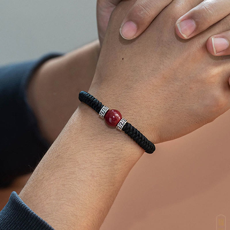 Wear FengShui 925 Sterling Silver Natural Cinnabar Bead Calm Handmade Braided String Bracelet