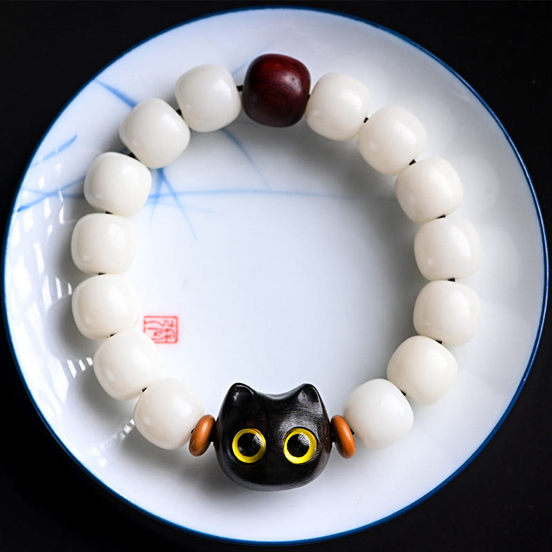 Wear FengShui Natural Bodhi Seed Small Leaf Red Sandalwood Ebony Wood Cute Lucky Cat Wisdom Bracelet