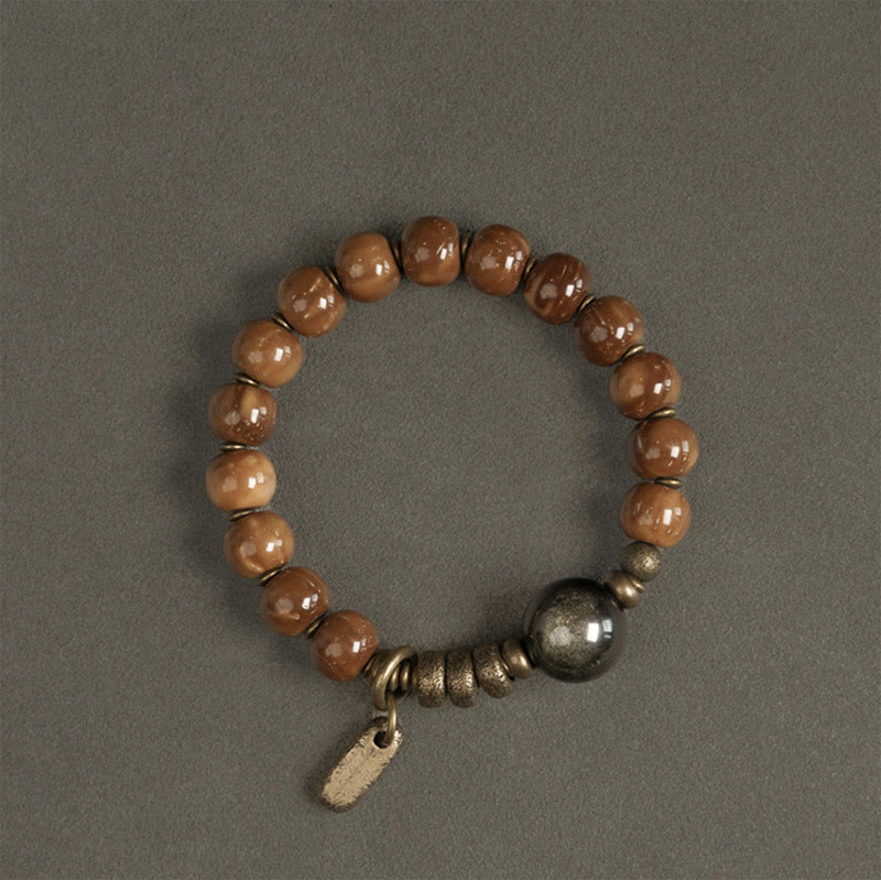 Wear FengShui Kuka Seed Tiger Eye Gold Sheen Obsidian Brass Copper Wealth Luck Bracelet