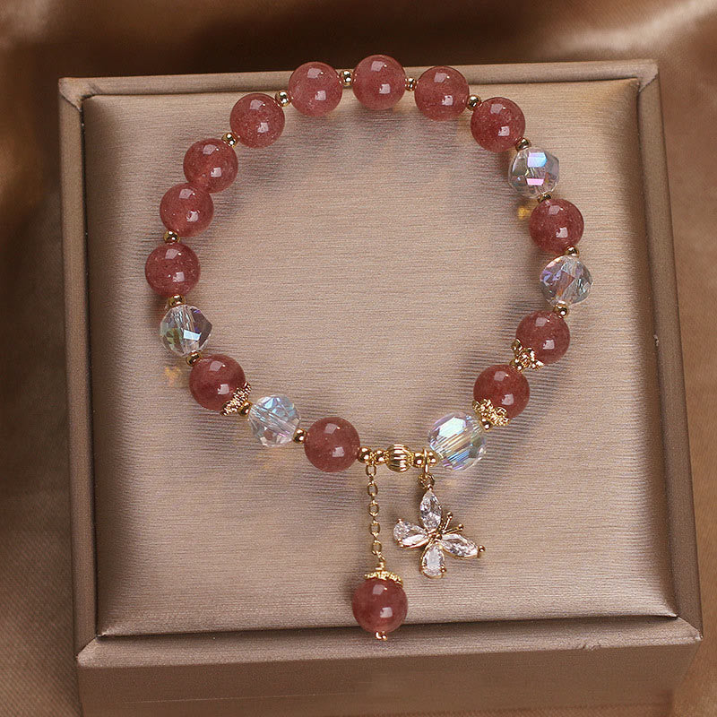 Wear FengShui Natural Strawberry Quartz Love Healing Butterfly Charm Bracelet