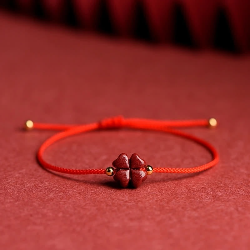 Wear FengShui Natural Cinnabar Four Leaf Clover Blessing Red String Bracelet Anklet