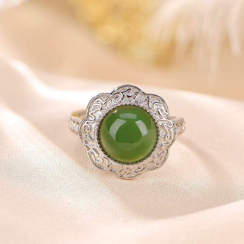 Wear FengShui 925 Sterling Silver Hetian Cyan Jade Flower Design Luck Adjustable Ring